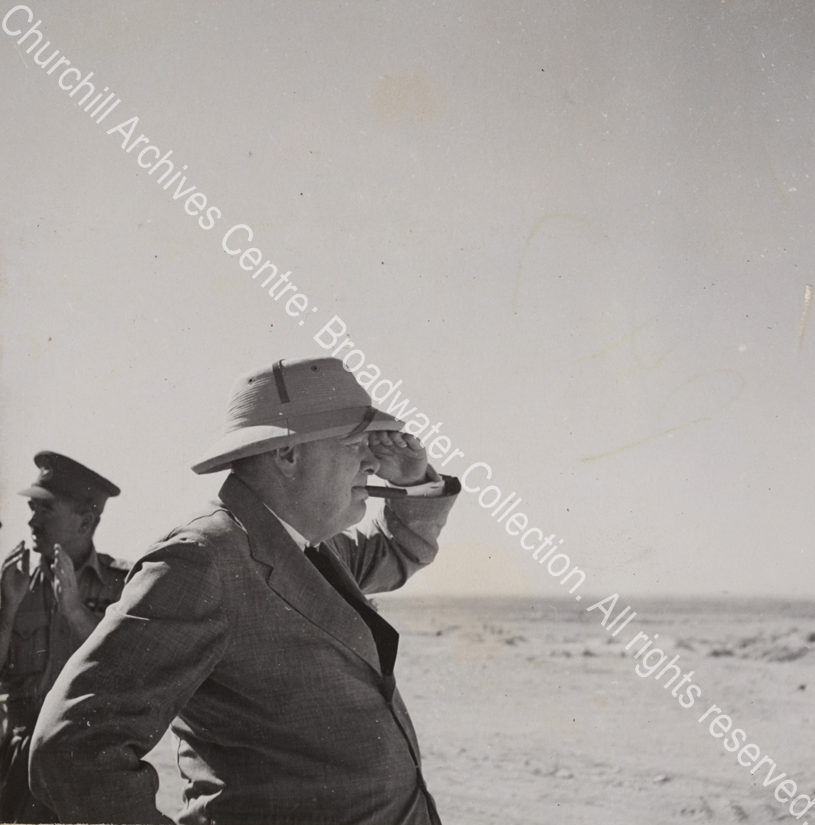 Photo shows WSC in profile wearing a pith helmet