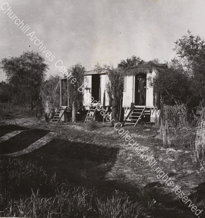 Photo [?in North Africa] shows a rear view of three lorries camouflaged with foliage. WSC