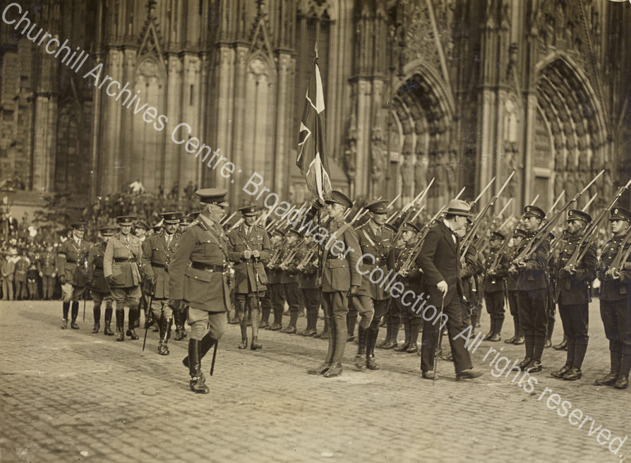 Photograph of WSC [Secretary of State for War] inspecting troops