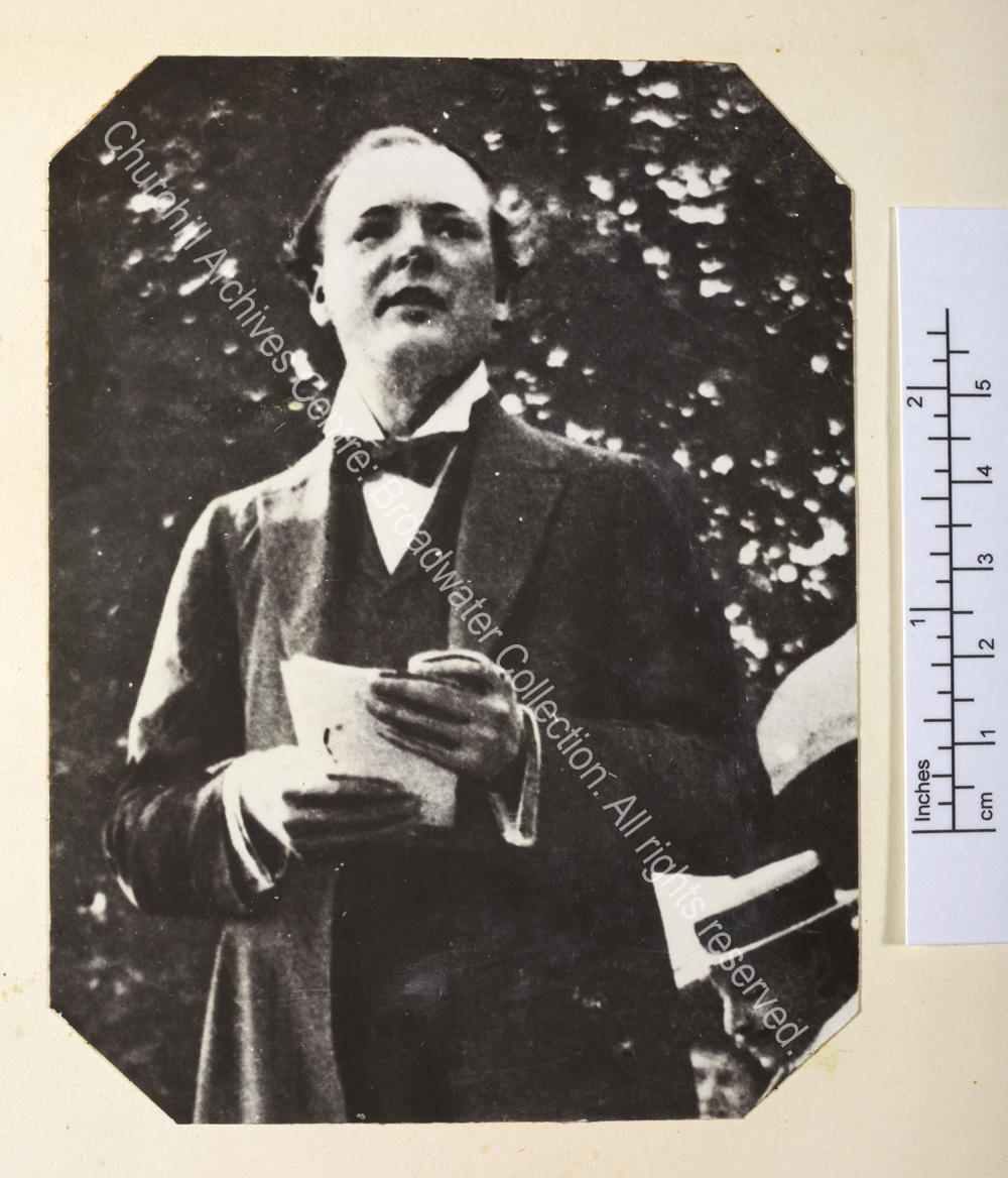 WSC is pictured standing with ?speech notes in his hand.
