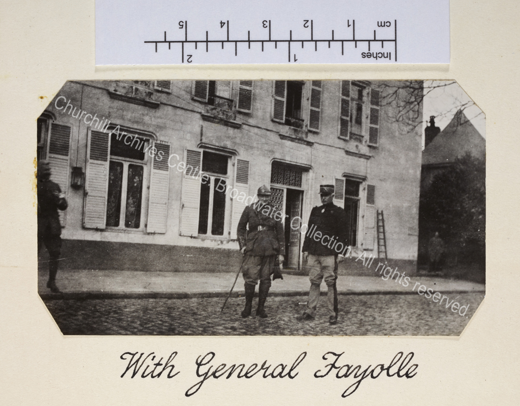 Photo shows WSC in soldier's uniform and metal helmet with General Emile Fayolle.