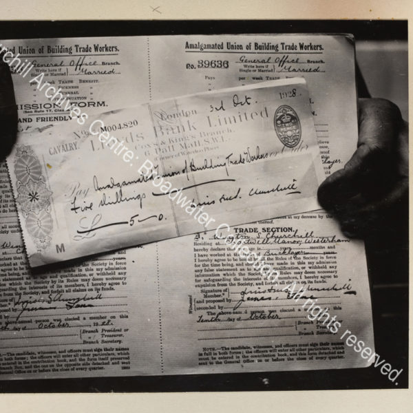 Photo of WSC's application form and cheque for membership of the Amalgamated Union of Building Trades Workers.
