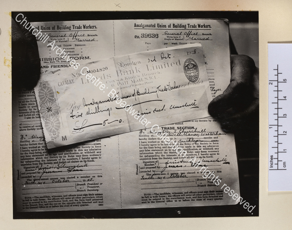 Photo of WSC's application form and cheque for membership of the Amalgamated Union of Building Trades Workers.