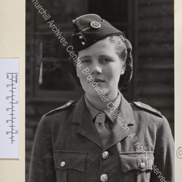 Head and shoulders portrait of Mary Churchill [later Mary Soames] wearing ATS [Auxiliary Territorial Service] uniform and beret.
