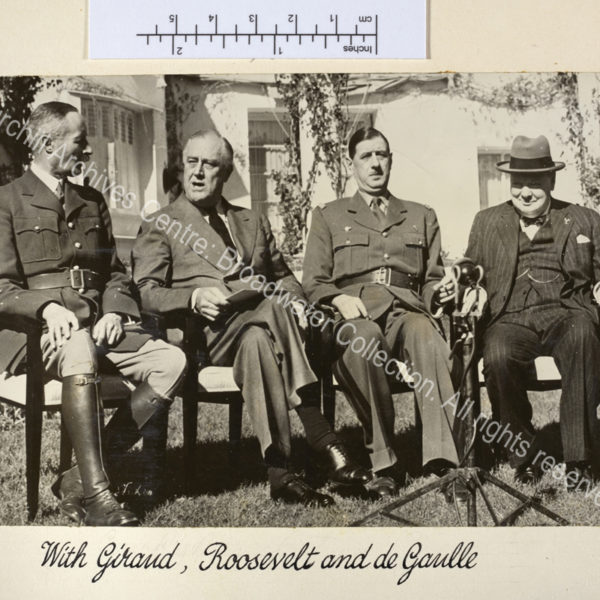 Photo taken during [?a press conference at] the Casablanca Conference in Morocco. Photo shows from left to right: General Henri Giraud [Civil and Military Head of all French North Africa] Franklin Roosevelt [US President]
