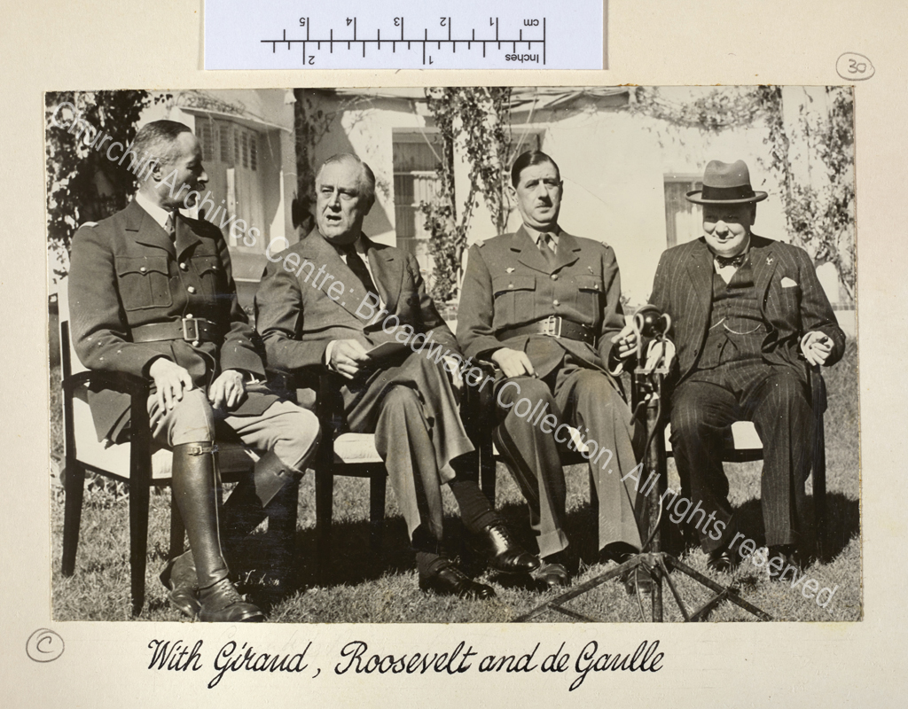 Photo taken during [?a press conference at] the Casablanca Conference in Morocco. Photo shows from left to right: General Henri Giraud [Civil and Military Head of all French North Africa] Franklin Roosevelt [US President]