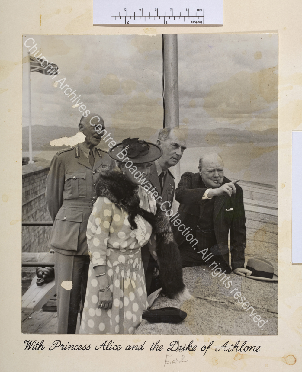 Photograph taken at the battlement of the Citadel at Quebec showing WSC pointing [to the flying boat bearing Antony Eden