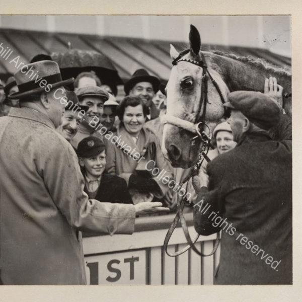 Photo shows WSC smiling and holding his hand out to his horse Colonist II in the enclosure at Hurst Park racecourse [for the Winston Churchill stakes]. A crowd of smiling people watch.