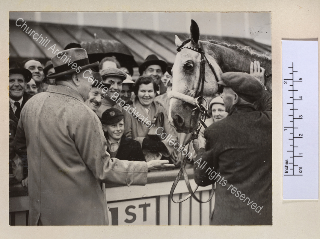 Photo shows WSC smiling and holding his hand out to his horse Colonist II in the enclosure at Hurst Park racecourse [for the Winston Churchill stakes]. A crowd of smiling people watch.