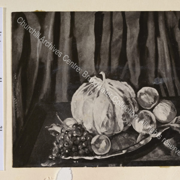 Photograph of a painting by WSC of a still life of fruit on a platter.
