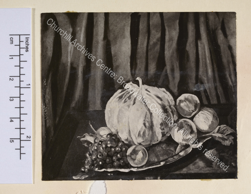 Photograph of a painting by WSC of a still life of fruit on a platter.