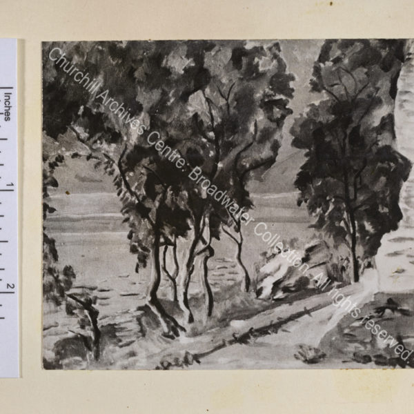 Photograph of WSC's painting of a scene on Lake Como showing trees next to the lake. [WSC took about an hour to create this painting].