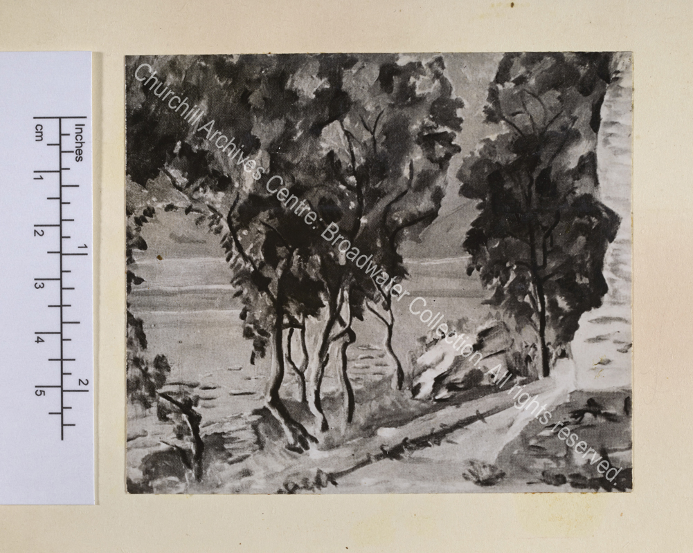 Photograph of WSC's painting of a scene on Lake Como showing trees next to the lake. [WSC took about an hour to create this painting].