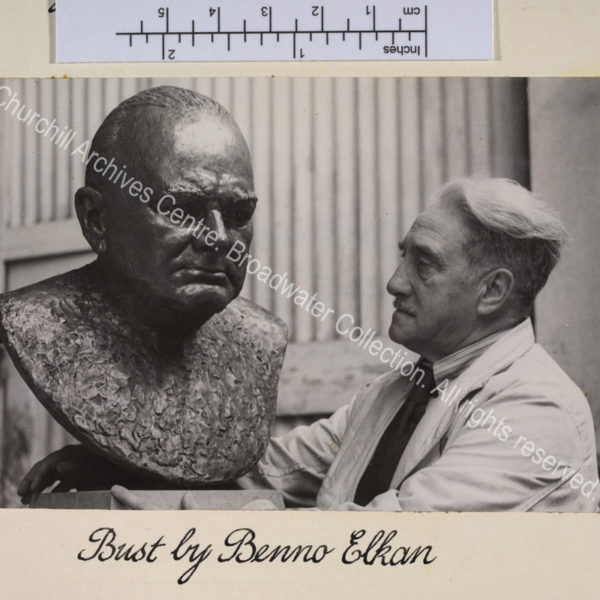 Photo shows Benno Elkan with his bust of WSC.