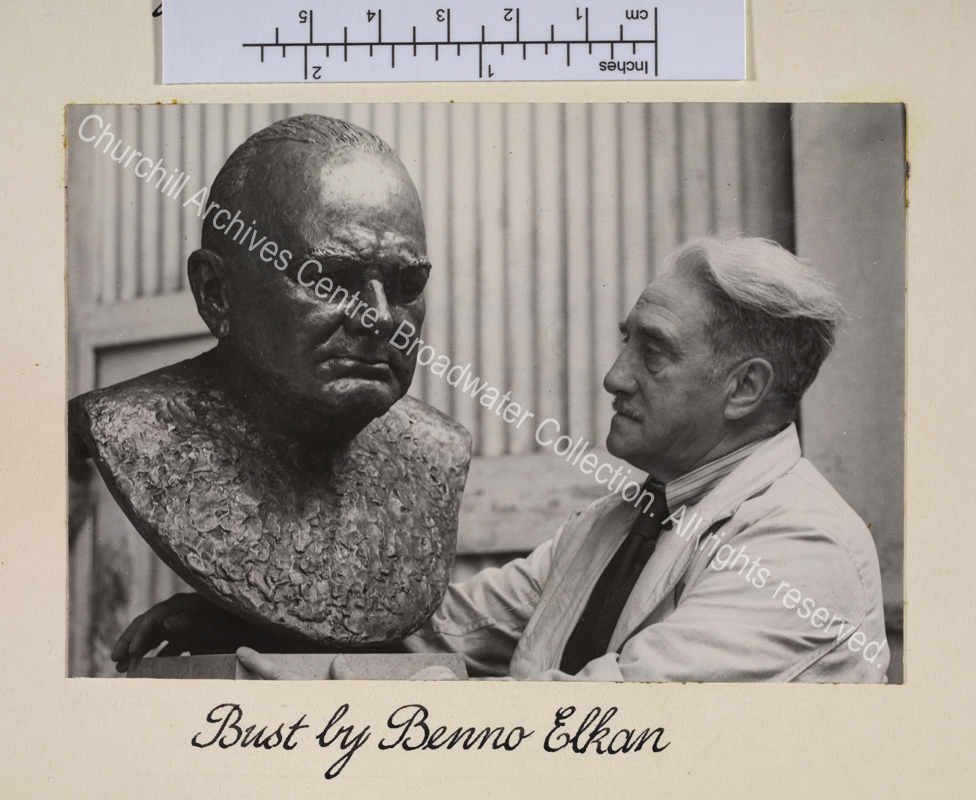 Photo shows Benno Elkan with his bust of WSC.