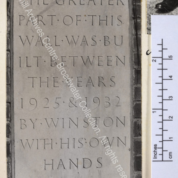 Close up of plaque on wall at Chartwell recording that the greater part of the wall was built by WSC between 1925 and 1932.