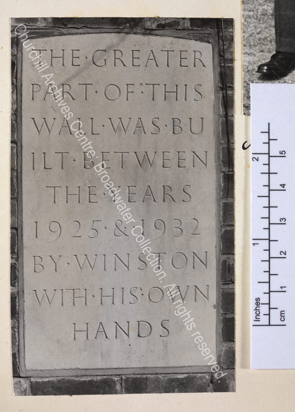Close up of plaque on wall at Chartwell recording that the greater part of the wall was built by WSC between 1925 and 1932.