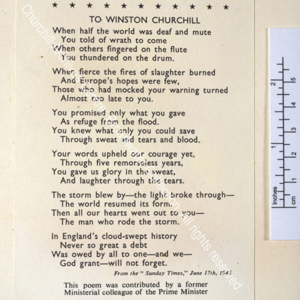 Image shows printed poem beginning "When half the world was deaf and mute. . ." attributed to 'a former Ministerial colleague of the Prime Minister'.