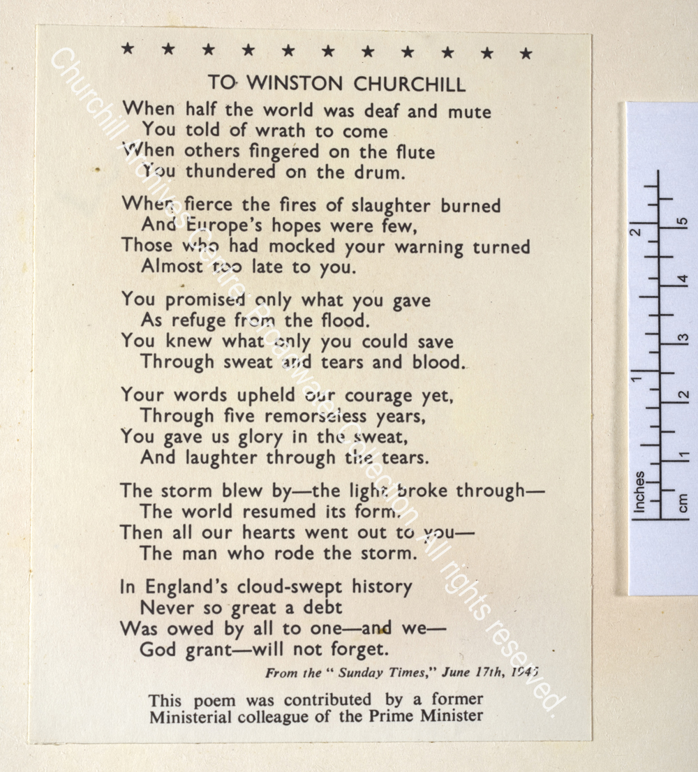 Image shows printed poem beginning "When half the world was deaf and mute. . ." attributed to 'a former Ministerial colleague of the Prime Minister'.