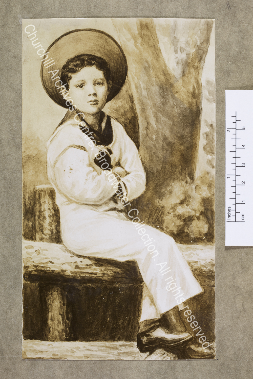 Sketch of WSC sitting at an angle on a bench with his face turned to the front