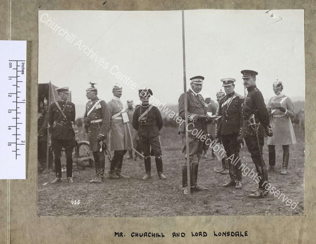 Photograph of WSC [President of the Board of Trade] and 5th Lord Lonsdale [earlier Lord Lowther] while on manoeuvres in Germany.  WSC