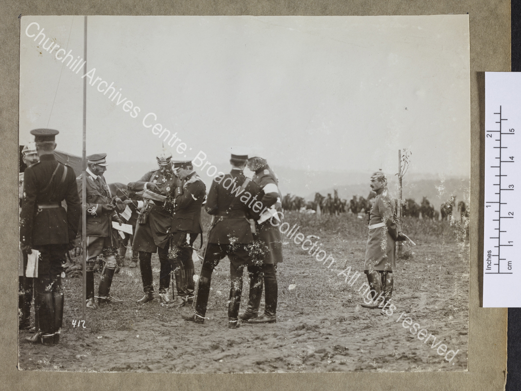 Photograph of WSC [President of the Board of Trade] and 5th Lord Lonsdale [earlier Lord Lowther] while on manoeuvres in Germany.  WSC