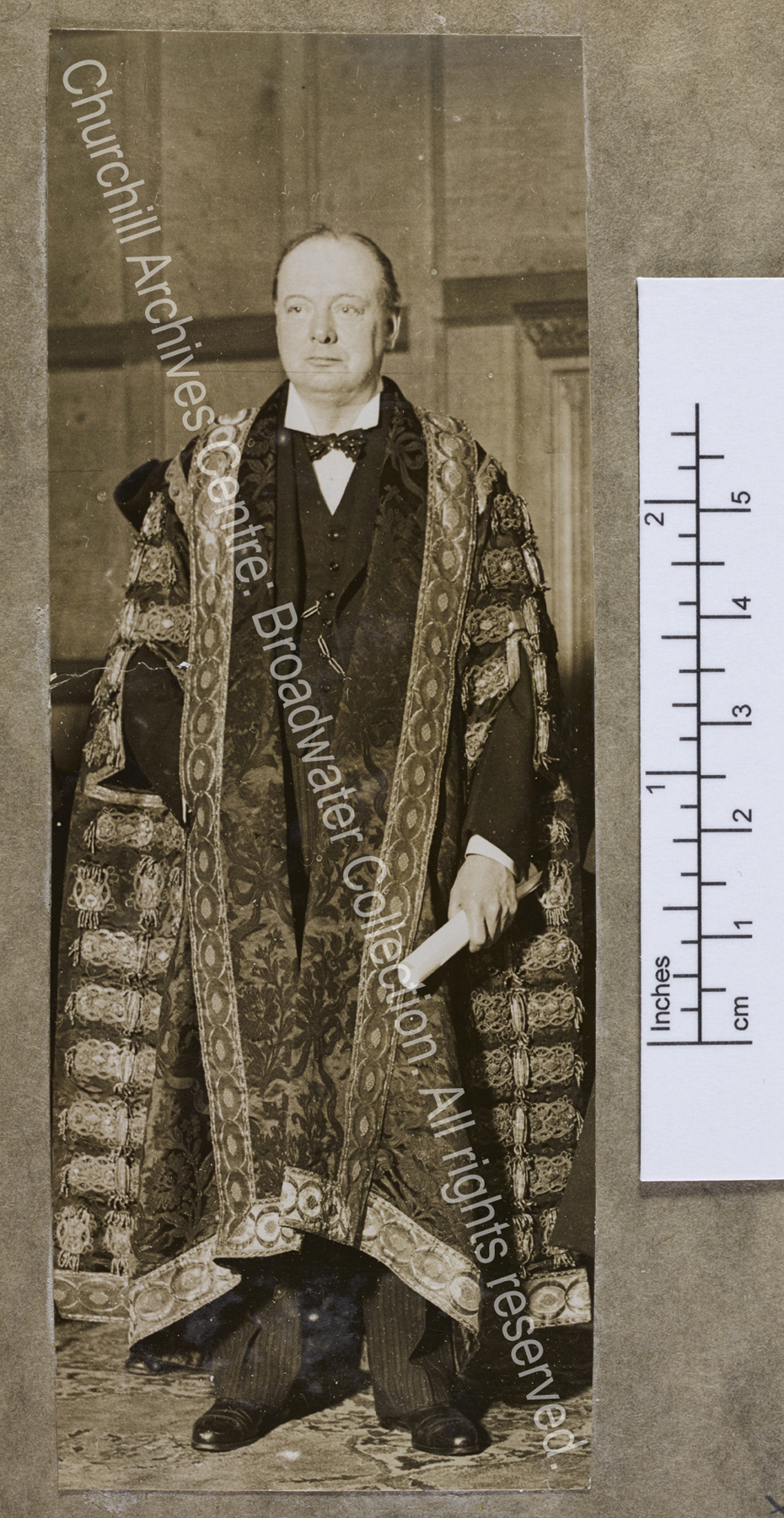 Full length photograph of WSC in his Chancellor's robes