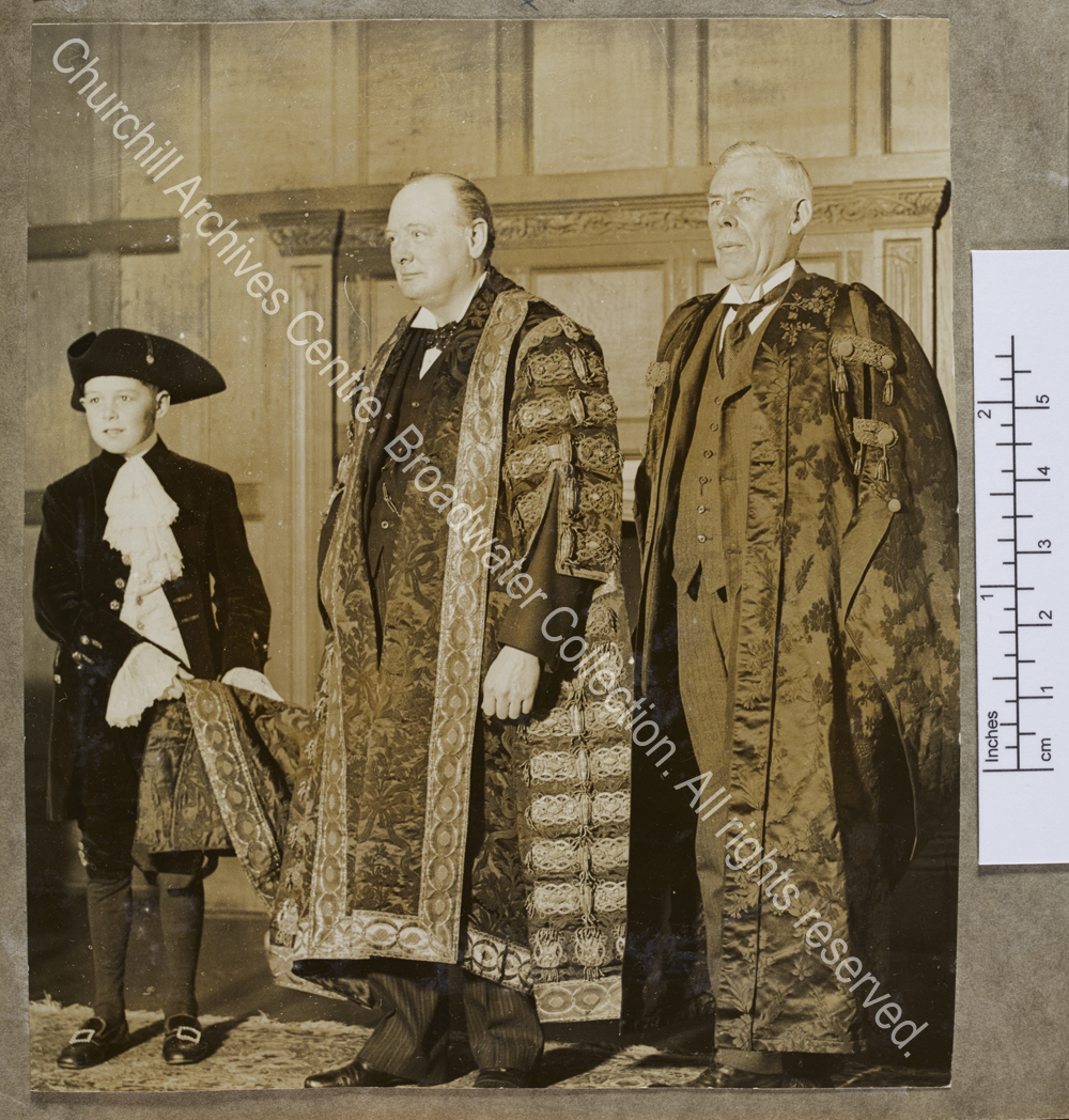 Full length photograph of WSC in his Chancellor's robes