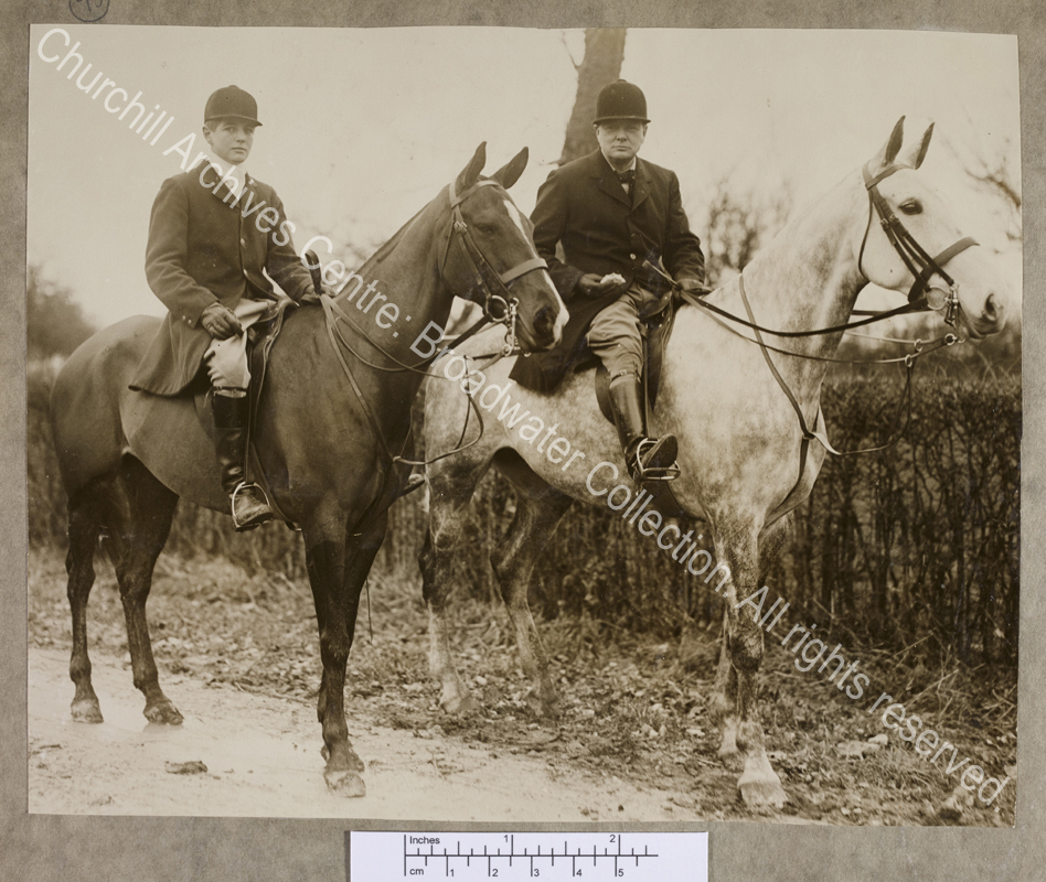Photograph of WSC and Randolph Churchill on horseback in France